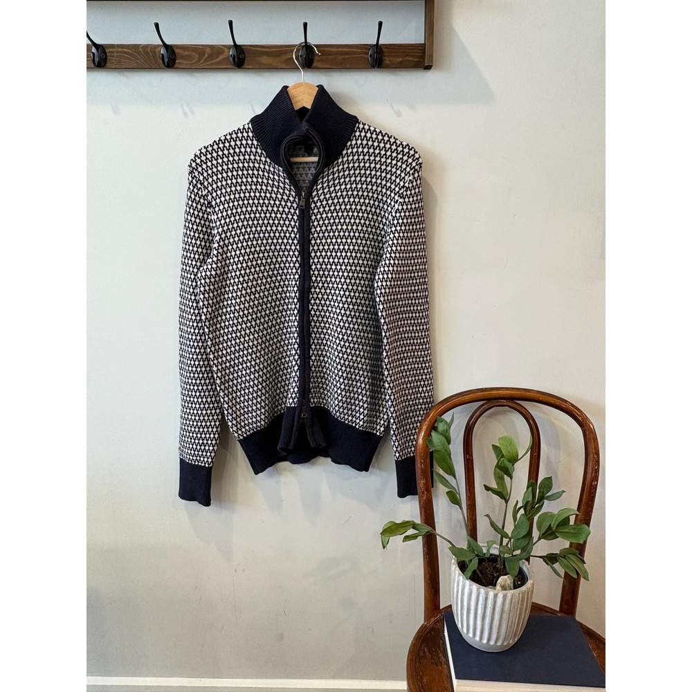 Banana Republic Navy & White Geometric Full Zip Cotton Cardigan